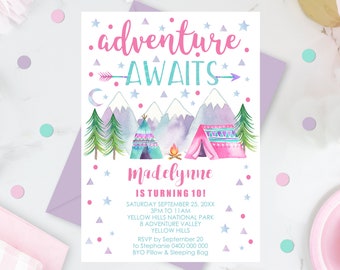 Girl CAMPING INVITATION Editable Camp Birthday Invitation Sleepover Invitation Girl Glamping Invitation Girl Adventure Camping Party Corjl