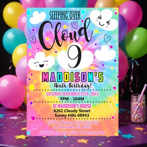 Invito di compleanno Rainbow Cloud 9: festa con stampa tie-dye modificabile (5x7, download digitale)