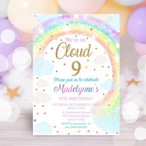 RAINBOW CLOUD 9 INVITATION Editable Rainbow Clouds 9th Birthday Invitation Corjl We&#39;re on Cloud 9 Invitations Rainbow and Clouds Invitation