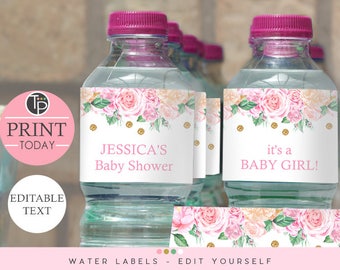 Girl WATER BOTTLE Labels, Water Bottle labels, Girl Party Decorations, instant download water bottle labels, Printable Pink Floral, 0207