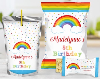 May include: Rainbow-themed party favor bags with a white background and colorful polka dots. The bags feature a rainbow with clouds and the text "Madelynne's 5th Birthday". One bag is a juice pouch with a silver background, another is a clear plastic bag, and the third is a smaller bag with the text "Thank you for coming to my party! Love Stephanie".