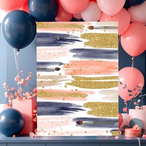 Puede incluir: Un tel&oacute;n de fondo imprimible digital con un dise&ntilde;o de acuarela con pinceladas rosas, azules y doradas. El fondo es blanco con purpurina dorada y estrellas esparcidas por todas partes.