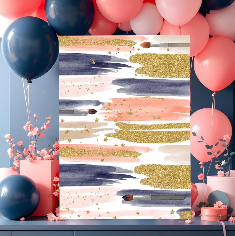 Puede incluir: Un tel&oacute;n de fondo imprimible digital con un dise&ntilde;o de acuarela con pinceladas rosas, azules y doradas. El fondo es blanco con purpurina dorada y estrellas esparcidas por todas partes.