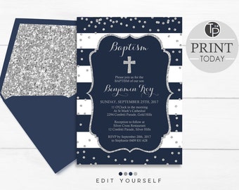 Navy Baptism Invitation, Instant Download, Boy Baptism Invitation, Navy and Silver Christening invitation, Silver Confetti Baptism. Editable