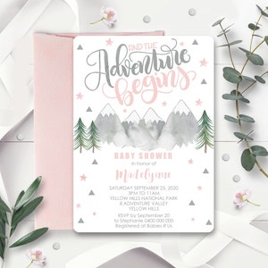 L'AVENTURE COMMENCE Faire-part pour baby shower fille Faire-part baby shower aventure fille rose Faire-part pour baby shower aventure commence fille Corjl modifiable 0237