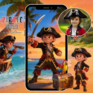May include: A digital invitation design featuring a cartoon pirate with a sword, a parrot, and a treasure chest on a beach. The design includes the text "PIRATE VIDEO invitation" and a space to add a photo.