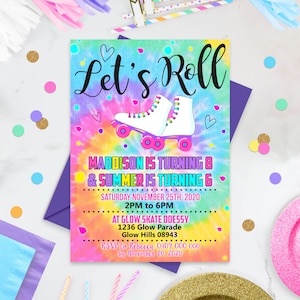 ROLLER SKATING BIRTHDAY Invitation Joint Birthday Roller Skate Invitation Sibling Roller Skate Invite Tie Dye Invitation Corjl Lets Roll