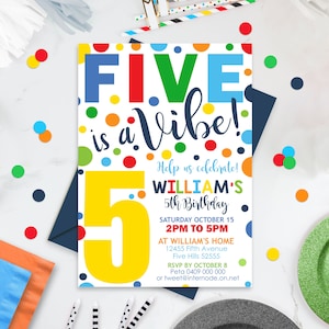 FIVE IS A VIBE Birthday Invitation Editable Confetti 5th Birthday Invite Download Boy Fifth Birthday Invitation Digital Primary Color Spots