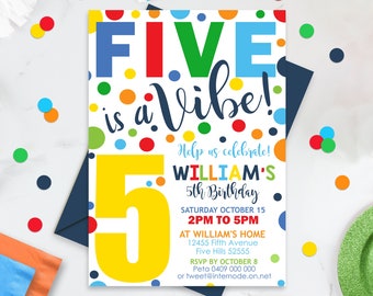 FIVE IS A VIBE Birthday Invitation Editable Confetti 5th Birthday Invite Download Boy Fifth Birthday Invitation Digital Primary Color Spots