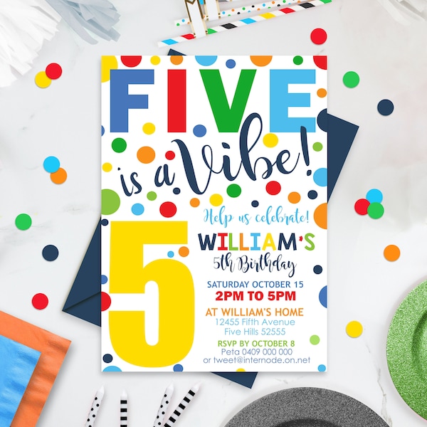 FIVE IS A VIBE Birthday Invitation Editable Confetti 5th Birthday Invite Download Boy Fifth Birthday Invitation Digital Primary Color Spots