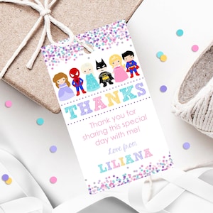 Princesa super-herói favor tags editáveis super-herói princesa presente tags imprimíveis princesa super-herói festa super-herói princesa aniversário princesa
