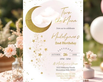 Two the Moon Birthday Invitation: Gold Moon & Stars Party Evite (Digital Download)