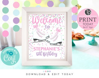 ICE SKATING WELCOME Sign Instant Download Ice Skating  Welcome Editable Ice Skate Welcome Sign Ice Skate Party Sign Editable Welcome Corjl