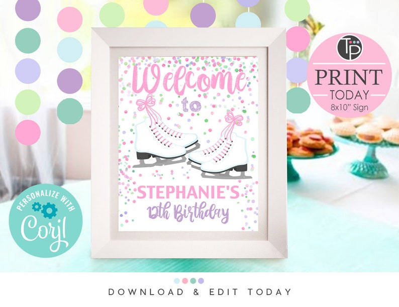 ICE SKATING WELCOME Sign Instant Download Ice Skating Welcome Editable Ice Skate Welcome Sign Ice Skate Party Sign Editable Welcome Corjl image 1