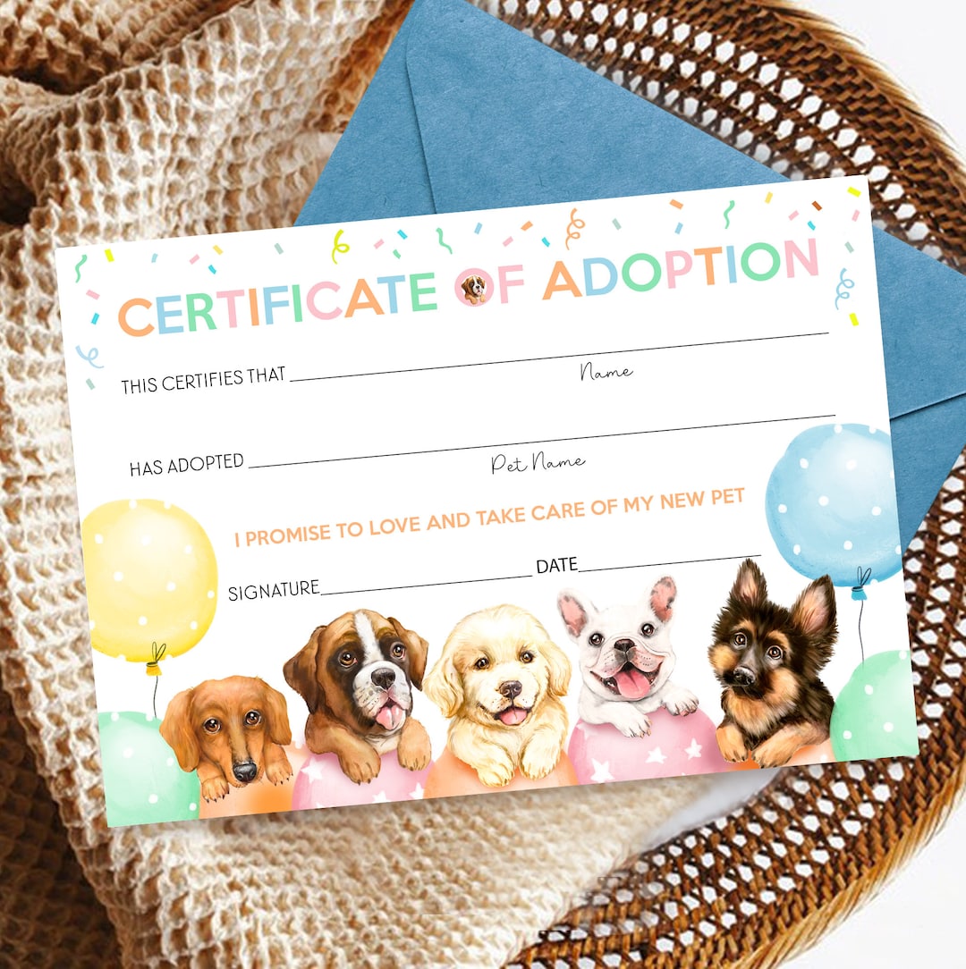 DOG CERTIFICATE of Adoption Printable Dog Adoption Certificate Puppy ...