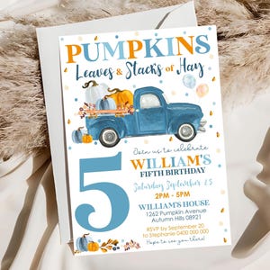 PUMPKINS Leaves and Stacks of Hay Birthday Invitation Fall Birthday Invitation Boy Editable Pumpkin Truck Invitation Corjl Pumpkin Party