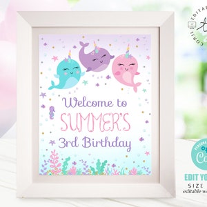 NARWHAL WELCOME SIGN Instant Download Sign Girl Narwhal Sign Editable Narwhal Birthday Welcome Sign Narwhal Decor Printable Template 1E