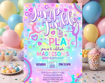 May include: A colorful invitation for a girl's 10th birthday party. The invitation features a rainbow background with stars and hearts. The text reads "Jump & Tumble & Play" and "Join us to celebrate Maddison's 10th Birthday!" The invitation also includes the date, time, and location of the party.