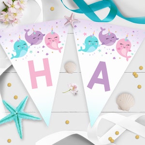 NARWHAL BUNTING Flags Editable Narwhal Birthday Banner Corjl Narwhal Happy Birthday Banner Editable Narwhal Party Banner Cute Narwhal 1E