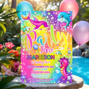 UNDER THE SEA Party Invitation Girl Editable Rainbow Dolphin Invite Instant Download Dolphin Seahorse Birthday Invitation Girl Under the Sea