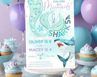 Puede incluir: Una invitación a una fiesta de cumpleaños con temática de sirenas y tiburones con un esquema de color azul verdoso y morado. La invitación dice "Calling all mermaids & sharks" y presenta una cola de sirena y un tiburón. El texto dice "Oliver tiene 6 años y Macy tiene 4 años" e incluye la fecha y la hora de la fiesta.