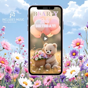 Puede incluir: Una pantalla de smartphone muestra un gráfico de "Bear-y First Birthday!" con un oso de peluche sosteniendo una cesta de flores y globos. La imagen está ambientada en un campo de flores coloridas bajo un cielo azul. El texto incluye "Includes Music" y "Tweet Party Printables."
