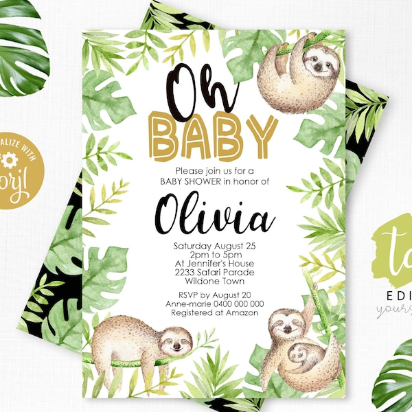 Baby Sloth Baby Shower Invitation Template Sloth Invitation Neutral Sloth Baby Shower Invite Baby Sloth Invite Baby Sloth Shower Invitation