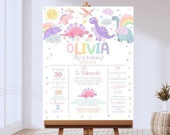 May include: A pink and purple dinosaur-themed first birthday poster with the name Olivia. The poster includes details about the child's age, height, weight, and favorite things.
