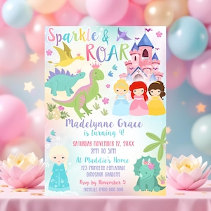 PRINCESS DINOSAUR Invitation Instant Download Princess and Dinosaur Party Invitation Girl Dinosaur Princess Editable Joint Sibling Birthday