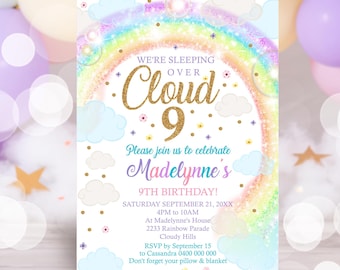 Rainbow Cloud 9th Birthday Sleepover Invitation (Editable DIY)