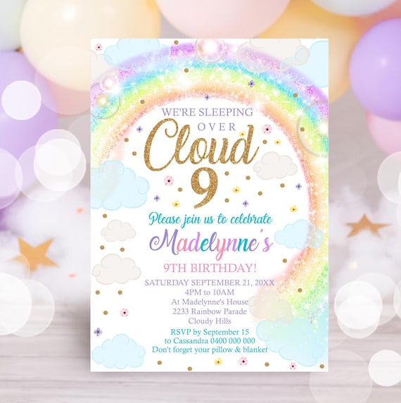 Rainbow Cloud 9th Birthday Sleepover Invitation (Editable DIY)