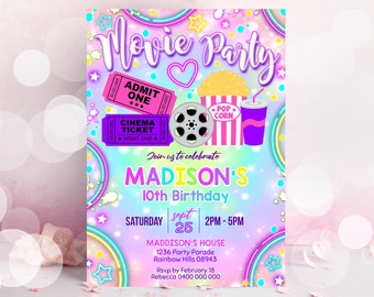 MOVIE INVITATION GIRL Cinema Invitation Birthday Editable Movie Party Birthday Invitation Backyard Movie Party Invitation Rainbow Corjl