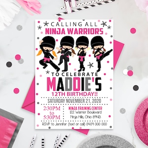 NINJA GIRL INVITATION Girl Ninja Party Ninja Printables Karate Invitation Girl Ninja Birthday Party Pink Ninja Warrior Girl Corjl Invitation