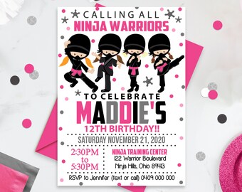 NINJA GIRL INVITATION Girl Ninja Party Ninja Printables Karate Invitation Girl Ninja Birthday Party Pink Ninja Warrior Girl Corjl Invitation