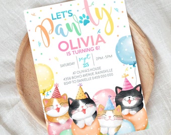 May include: A colorful birthday party invitation with the text "Let's Party" in rainbow colors. The invitation features a paw print and the name "Olivia" in pink. The invitation also includes details about the party, including the date, time, and location.