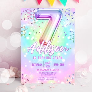 Peut inclure: Une invitation de fête d'anniversaire pour un 7ème anniversaire. L'invitation présente un grand ballon numéro 7 iridescent et le texte "Addison a sept ans". Les détails de la fête sont listés ci-dessous : Samedi 25 septembre, 17h-21h, chez Maddie, 1263 Rainbow Street, Glow Hills 08962. RSVP avant le 18 septembre à Rebecca au 0400 000 000.