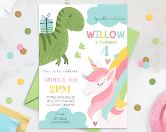 UNICORN and DINOSAUR Birthday Invitation Editable Unicorn Dinosaur Party Invitation Digital Dinosaur Unicorn Invitation Instant Download