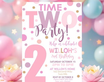 Time Two Party Invitation: Editable Confetti 2nd Birthday Evite (Digital Download 5x7" Template)