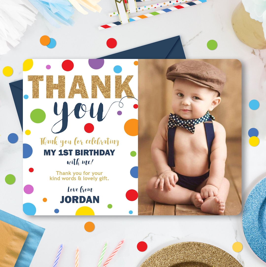 boy 1st birthday photo thank you card template (digital download