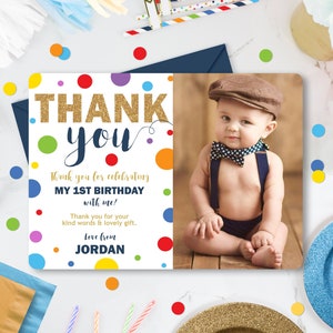 Foto cartão de agradecimento editável menino primeiro aniversário modelo de cartão de agradecimento confete primeiro aniversário menino foto cartão de agradecimento corjl cartão de agradecimento