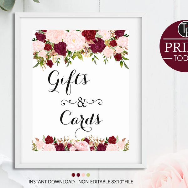 GIFTS and CARDS SIGN, Instant Download Signs, Marsala Gift and Card Sign, Table Sign, Marsala Wedding, Marsala, Bridal Shower Sign, 0204