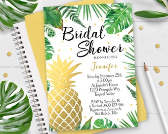 PINEAPPLE Bridal Shower Invitation Instant Download Editable Gold Pineapple Bridal Shower Invitation Tropical Leaves Bridal Shower Invite