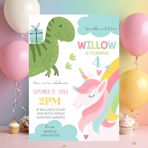 UNICORN and DINOSAUR Birthday Invitation Editable Unicorn Dinosaur Party Invitation Digital Dinosaur Unicorn Invitation Instant Download