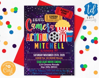 MOVIE INVITATION CINEMA Invitation Birthday Party Invitation Editable Movie Night Birthday Invitation Movie Party Invitation Hollywood Corjl