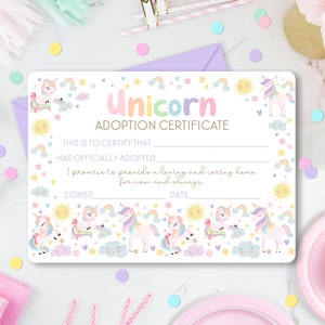 ADOPT A UNICORN Certificate Printable Unicorn Party Game Rainbow ...