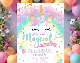 Rainbow Unicorn-verjaardagsuitnodiging: magische viering (digitale doe-het-downloadsjabloon van 5 x 7 inch)