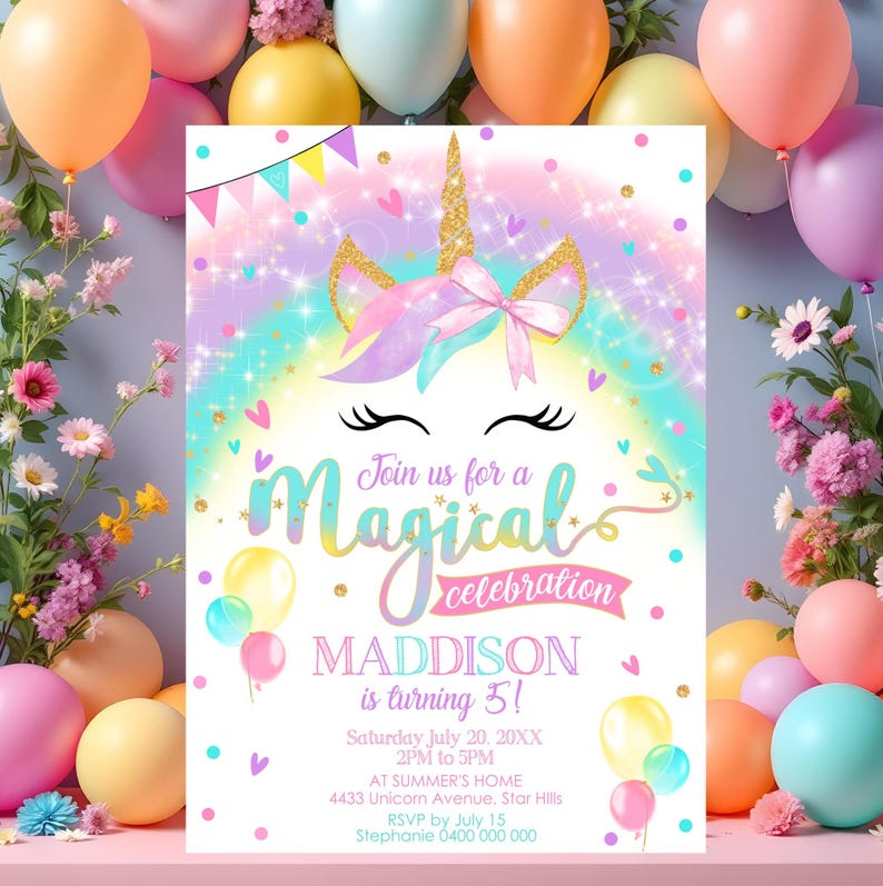 Rainbow Unicorn Birthday Invitation: Magical Celebration (DIY Digital Download 5x7" Template) image 1