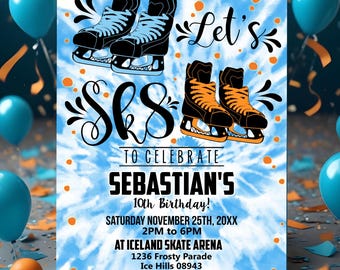 May include: A blue and orange tie-dye invitation with a pair of ice skates on each side. The text reads "Let's Skate" and "To Celebrate Sebastian's 10th Birthday!" with details for a party at Iceland Skate Arena on Saturday, November 25th, 20XX from 2 PM to 6 PM. RSVP to Rebecca by November 20, 20XX.