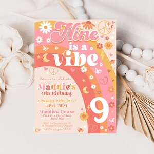 NINE IS A VIBE Birthday Invitation Editable Nine is a Vibe Groovy Birthday Invitation Digital 9th Birthday Invitation Download Groovy 9th