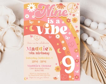 NINE IS A VIBE Birthday Invitation Editable Nine is a Vibe Groovy Birthday Invitation Digital 9th Birthday Invitation Download Groovy 9th